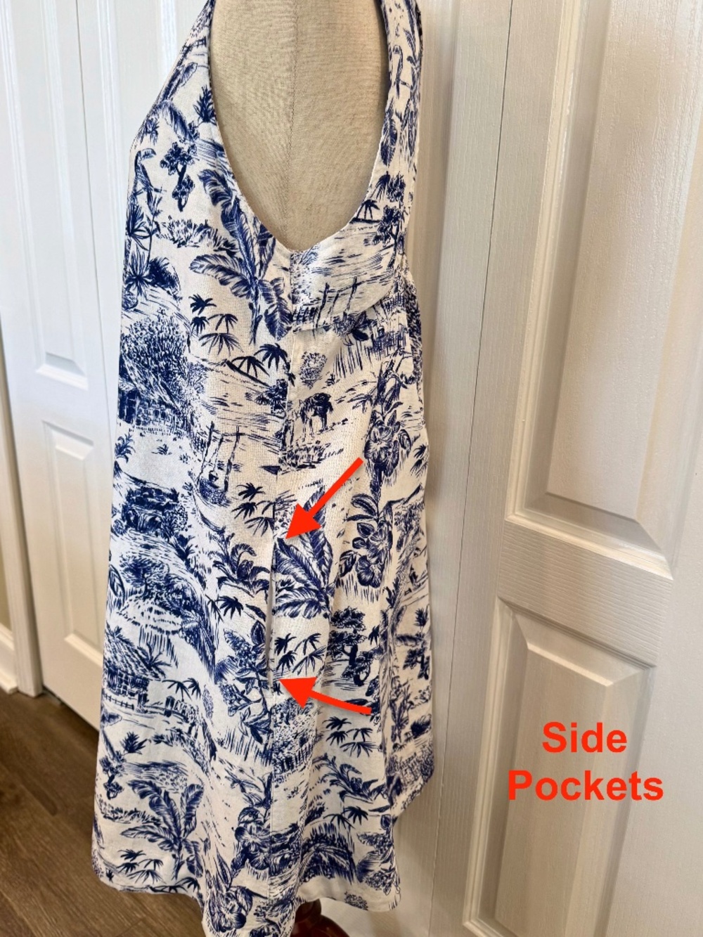 Women's Size L, Linen Blend Dress by Joie, Blue & White Tropical Print Pullover - Picture 4 of 11